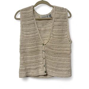Vintage linen woven cream vest with cute shell buttons women’s med